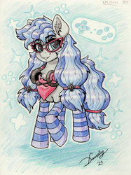 Size: 2676x3582 | Tagged: safe, artist:dandy, oc, oc only, oc:cinnabyte, species:earth pony, species:pony, clothing, colored pencil drawing, ear fluff, eyebrows, eyebrows visible through hair, female, glasses, headphones, hooves, mare, neckerchief, one hoof raised, pigtails, simple background, smiling, socks, solo, striped socks, striped stockings, traditional art, twintails