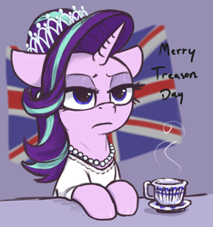 Size: 1875x2000 | Tagged: safe, artist:t72b, derpibooru original, character:starlight glimmer, species:pony, species:unicorn, g4, 4th of july, british, clothing, cup, dress, female, floppy ears, frown, historical roleplay starlight, holiday, jewelry, mare, necklace, pearl necklace, queen elizabeth ii, sitting, solo, starlight glimmer is not amused, teacup, text, three quarter view, tiara, unamused, union jack, united kingdom