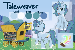 Size: 702x468 | Tagged: source needed, safe, artist:noxi1_48, oc, oc:taleweaver, species:pony, species:unicorn, blep, bookmobile, coat markings, cutie mark, eyes closed, horn, looking at you, reference sheet, smiling, tongue out, trotting, wagon