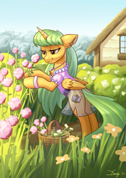 Size: 2480x3508 | Tagged: safe, artist:dandy, oc, oc only, species:alicorn, species:pony, alicorn oc, basket, bipedal, blouse, clothing, cutie mark, day, female, flower, folded wings, garden, horn, house, jewelry, mare, necklace, outdoors, raffle prize, see-through, shirt, skirt, sky, solo, wings