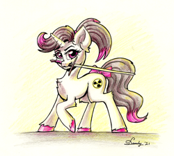 Size: 2523x2275 | Tagged: safe, artist:dandy, derpibooru original, oc, oc only, oc:hazel radiate, species:pony, species:unicorn, bow, chest fluff, colored hooves, colored pencil drawing, ear fluff, eyebrows, eyelashes, female, highlights, holding, hooves, horn, mare, mouth hold, ponytail, solo, sword, tail bow, traditional art, weapon