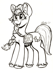 Size: 2272x3127 | Tagged: safe, artist:dandy, character:sunny starscout, species:earth pony, species:pony, ponytober, g5, black and white, braid, braided ponytail, cute, cutie mark, ear fluff, eyebrows, eyebrows visible through hair, eyelashes, female, grayscale, mare, monochrome, open mouth, pen drawing, satchel, simple background, smiling, solo, sunny's buttons, sunnybetes, tail, traditional art, white background