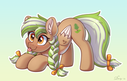 Size: 3859x2480 | Tagged: safe, artist:dandy, part of a set, oc, oc only, oc:sylvia evergreen, species:pegasus, species:pony, :3, abstract background, blep, bow, braid, braided pigtails, colored wings, cutie mark, ear fluff, eyebrows, eyebrows visible through hair, eyelashes, face down ass up, female, folded wings, freckles, gradient background, hair bow, mare, multicolored mane, multicolored wings, simple background, smiling, solo, tail bow, tongue out, two toned mane, two toned wings, wings, ych example, your character here