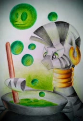 Size: 2660x3854 | Tagged: safe, artist:rsd500, character:zecora, species:zebra, g4, bubble, cauldron, colored pencil drawing, female, high res, hoof hold, mare, poison, solo, stirring, three quarter view, traditional art, zecora's pot