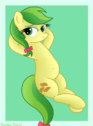 Size: 2974x4032 | Tagged: safe, artist:rainbowšpekgs, character:apple fritter, species:earth pony, species:pony, g4, apple family member, belly button, bow, chubby, cutie mark, explicit source, eyebrows, eyelashes, eyeshadow, female, green background, hair bow, looking at you, makeup, mare, pigtails, simple background, solo, tail bow, twintails