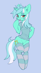 Size: 587x1048 | Tagged: safe, artist:fajeh, character:lyra heartstrings, species:pony, species:unicorn, g4, bedroom eyes, blue background, blushing, cheek fluff, clothing, cute, eyebrows, female, happy, looking at you, lyrabetes, mare, semi-anthro, shirt, simple background, smiling, socks, solo, stockings, striped socks, thigh highs, three quarter view