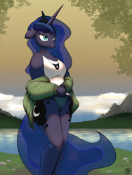 Size: 3000x4000 | Tagged: safe, artist:naen, character:princess luna, species:alicorn, species:anthro, g4, both cutie marks, clothing, cutie mark, female, floppy ears, happy, jacket, jewelry, mare, mountain, necklace, off shoulder, panties, scenery, shirt, signature, smiling, solo, t-shirt, three quarter view, underwear, wingless, wingless anthro