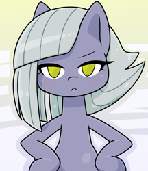 Size: 640x740 | Tagged: safe, artist:batipin, character:limestone pie, species:earth pony, species:pony, g4, :<, abstract background, eyebrows, female, front view, frown, full face view, hoof on hip, looking at you, mare, no pupils, solo, unamused