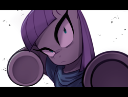 Size: 2905x2200 | Tagged: safe, artist:maren, character:maud pie, species:earth pony, species:pony, g4, female, looking at you, mare, offscreen character, pov, simple background, this will end in death, this will end in tears, this will end in tears and/or death, underhoof, white background
