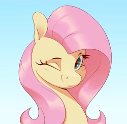 Size: 2819x2753 | Tagged: safe, artist:aquaticvibes, character:fluttershy, species:pegasus, species:pony, g4, blue background, bust, cute, eyebrows, eyelashes, female, gradient background, looking at you, mare, one eye closed, portrait, shyabetes, simple background, smiling, solo, winking at you