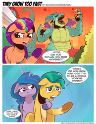 Size: 1400x1800 | Tagged: safe, artist:saturdaymorningproj, character:hitch trailblazer, character:izzy moonbow, character:sparky sparkeroni, character:sunny starscout, species:earth pony, species:pony, species:unicorn, g5, 2 panel comic, blaze (coat marking), comic, dialogue, floppy ears, gradient hair, greed, horn, kaiju, multicolored hair, open mouth, sharp teeth, suggestive source, text, this ended in fire