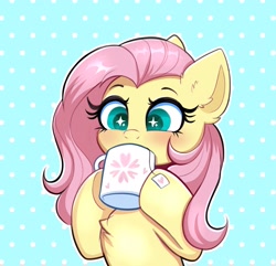 Size: 3111x3000 | Tagged: safe, artist:confetticakez, character:fluttershy, species:pegasus, species:pony, g4, abstract background, blushing, cute, drink, eyebrows, eyelashes, female, mare, mug, shyabetes, simple background, solo, tea, tea bag