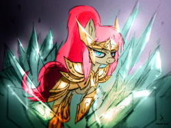 Size: 1280x958 | Tagged: safe, artist:zidanemina, oc, oc only, oc:aquarius, species:earth pony, species:pony, abstract background, anime, aquarius, armor, colored, colored sketch, crossover, female, gold cloth, helmet, ice, looking at you, mare, saint seiya, sketch, smiling, solo, zodiac