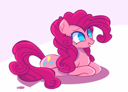 Size: 1600x1160 | Tagged: safe, artist:lifes-remedy, character:pinkie pie, species:earth pony, species:pony, g4, abstract background, cute, diapinkes, female, lying down, mare, no pupils, ponyloaf, prone, simple background, smiling, solo, three quarter view
