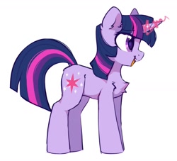 Size: 1607x1460 | Tagged: safe, artist:mirtash, character:twilight sparkle, character:twilight sparkle (unicorn), species:pony, species:unicorn, g4, chest fluff, cute, ear fluff, eyebrows, eyebrows visible through hair, female, fluffy, glowing horn, horn, magic, magic aura, mare, open mouth, open smile, profile, simple background, smiling, solo, twiabetes, white background