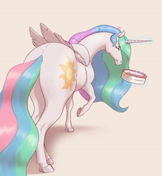 Size: 3251x3530 | Tagged: safe, artist:aquaticvibes, character:princess celestia, species:alicorn, species:pony, g4, butt, cake, cakelestia, cutie mark, eating, ethereal mane, eyes closed, female, folded wings, food, glowing horn, hoers, hooves, horn, levitation, magic, mare, one hoof raised, simple background, smiling, solo, sunbutt, tail, telekinesis, wings