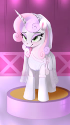 Size: 1080x1920 | Tagged: safe, artist:darksly, character:sweetie belle, species:pony, species:unicorn, newbie artist training grounds, g4, beautiful, blushing, carousel boutique, clothing, cute, diasweetes, dress, eyebrows, eyelashes, eyeshadow, female, horn, lidded eyes, makeup, mare, natg 2022, older, older sweetie belle, smiling, socks, solo, standing, stockings, thigh highs, wedding dress, wedding veil