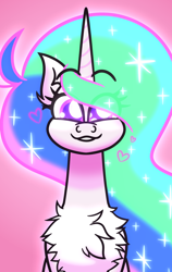 Size: 3420x5400 | Tagged: safe, artist:iceflower99, derpibooru original, character:princess celestia, species:alicorn, species:pony, g4, chest fluff, cute, cutelestia, ear fluff, eye clipping through hair, eyebrows, eyebrows visible through hair, female, fluffy, front view, full face view, hair over one eye, happy, heart, mare, missing accessory, pink background, purple eyes, simple background, smiling, solo, video at source, video in description