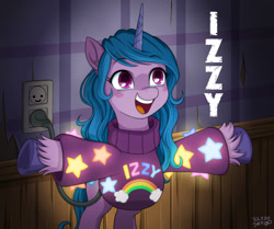 Size: 1200x1003 | Tagged: safe, artist:uotapo, character:izzy moonbow, species:pony, species:unicorn, g5, bipedal, clothes swap, clothing, cloud, colored hooves, colored pupils, crossover, cute, disney, eyebrows, eyebrows visible through hair, female, glowing, gradient mane, gravity falls, heart hoof, hooves, izzybetes, lights, mabel pines, mare, multicolored hair, open mouth, open smile, plug, rainbow, signature, smiling, solo, stars, sweater, text, unshorn fetlocks