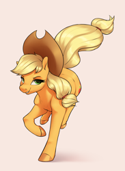 Size: 3141x4296 | Tagged: safe, artist:aquaticvibes, character:applejack, species:earth pony, species:pony, g4, applejack's hat, beige background, clothing, cowboy hat, cute, cutie mark, female, freckles, galloping, hat, jackabetes, looking at you, mare, pink background, ponytail, running, simple background, smiling, solo, stetson, tail, windswept tail