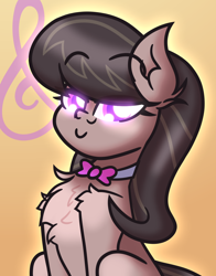 Size: 3060x3900 | Tagged: safe, artist:iceflower99, derpibooru original, character:octavia melody, species:earth pony, species:pony, g4, chest fluff, cutie mark, cutie mark background, ear fluff, eye clipping through hair, eyebrows, eyebrows visible through hair, female, fluffy, looking at you, mare, necktie, purple eyes, simple background, solo, three quarter view, video at source, video in description