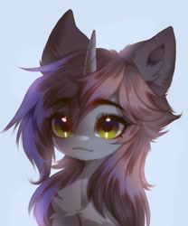 Size: 1752x2108 | Tagged: safe, artist:shenki, oc, oc only, oc:kate, species:pony, species:unicorn, blue background, bust, chest fluff, ear fluff, explicit source, eyebrows, eyelashes, female, horn, looking at you, mare, portrait, simple background, solo