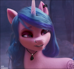 Size: 2308x2144 | Tagged: safe, artist:vice common, edit, edited screencap, screencap, character:izzy moonbow, species:pony, species:unicorn, g5, my little pony: a new generation, collar, ear piercing, earring, eyeshadow, female, goth, goth izzy, gradient hair, jewelry, makeup, multicolored hair, nose piercing, piercing, solo