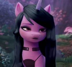 Size: 640x600 | Tagged: safe, edit, edited screencap, editor:preservedplumbo, screencap, character:izzy moonbow, species:pony, species:unicorn, g5, my little pony: a new generation, alternate hairstyle, black lipstick, black mane, collar, eyeshadow, goth, goth izzy, gradient hair, lipstick, makeup, multicolored hair, solo