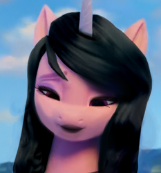 Size: 442x474 | Tagged: safe, edit, edited screencap, editor:preservedplumbo, screencap, character:izzy moonbow, species:pony, species:unicorn, g5, my little pony: a new generation, alternate hair color, alternate hairstyle, black eyeshadow, black mane, bust, eyeliner, eyeshadow, female, goth, goth izzy, gradient hair, lidded eyes, lipstick, makeup, mare, multicolored hair, solo