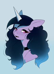 Size: 1442x1985 | Tagged: safe, alternate version, artist:aztrial, character:izzy moonbow, species:pony, species:unicorn, g5, alternate hair color, alternate hairstyle, black lipstick, black mane, choker, eyeliner, eyeshadow, female, goth, goth izzy, gradient hair, jewelry, lidded eyes, lipstick, makeup, multicolored hair, necklace, solo