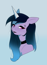 Size: 1442x1985 | Tagged: safe, artist:aztrial, character:izzy moonbow, species:pony, species:unicorn, g5, alternate hair color, alternate hairstyle, black lipstick, black mane, choker, eyeliner, eyeshadow, female, goth, goth izzy, gradient hair, jewelry, lidded eyes, lipstick, makeup, multicolored hair, necklace, solo