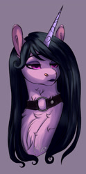 Size: 1280x2586 | Tagged: safe, artist:malinraf1615, character:izzy moonbow, species:pony, species:unicorn, g5, alternate hairstyle, chest fluff, choker, eyeshadow, female, goth, goth izzy, gradient hair, jewelry, lipstick, makeup, mare, multicolored hair, necklace, purple background, simple background, solo