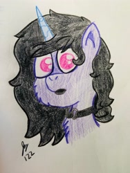 Size: 3024x4032 | Tagged: safe, artist:jesslmcjessica, character:izzy moonbow, species:pony, species:unicorn, g5, black eyeshadow, black lipstick, chest fluff, choker, colored pencil drawing, emo, eyeshadow, goth, goth izzy, gradient hair, jewelry, lipstick, makeup, multicolored hair, necklace, solo, traditional art