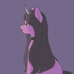 Size: 2048x2048 | Tagged: safe, artist:cloudydr0p, artist:latiatonta, character:izzy moonbow, species:pony, species:unicorn, g5, choker, eyeshadow, female, goth, goth izzy, gradient hair, horn, jewelry, lidded eyes, lipstick, makeup, mare, multicolored hair, necklace, simple background, sitting, solo