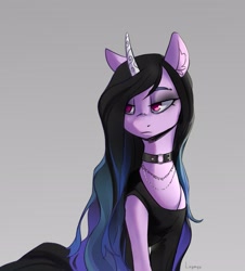 Size: 2573x2848 | Tagged: safe, artist:laymy, character:izzy moonbow, species:pony, species:unicorn, g5, choker, clothing, colored eyebrows, dress, ear fluff, eyebrows, eyeshadow, female, goth, goth izzy, gradient hair, gray background, hair over one eye, jewelry, makeup, multicolored hair, necklace, no pupils, simple background, solo