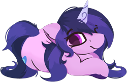 Size: 1791x1162 | Tagged: safe, artist:rhythmpixel, character:izzy moonbow, species:pony, species:unicorn, g5, female, goth, goth izzy, gradient mane, lineless, looking at you, lying down, mare, multicolored hair, simple background, solo, transparent background