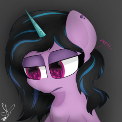 Size: 2000x2000 | Tagged: safe, character:izzy moonbow, species:pony, species:unicorn, g5, bust, cute, fanart, goth, goth izzy, gradient hair, meh, multicolored hair, portrait, sad, simple background, solo