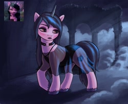 Size: 1476x1200 | Tagged: safe, alternate version, artist:escapist, edit, edited screencap, screencap, character:izzy moonbow, species:pony, species:unicorn, g5, my little pony: a new generation, choker, clothing, eyeshadow, female, goth, goth izzy, gradient mane, jewelry, makeup, mare, multicolored hair, necklace, screencap reference, solo