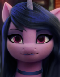 Size: 405x522 | Tagged: safe, edit, edited screencap, screencap, character:izzy moonbow, species:pony, species:unicorn, g5, my little pony: a new generation, alternate hairstyle, black mane, bust, collar, editor needed, eyeshadow, female, goth, goth izzy, gradient hair, looking at you, makeup, mare, multicolored hair, solo
