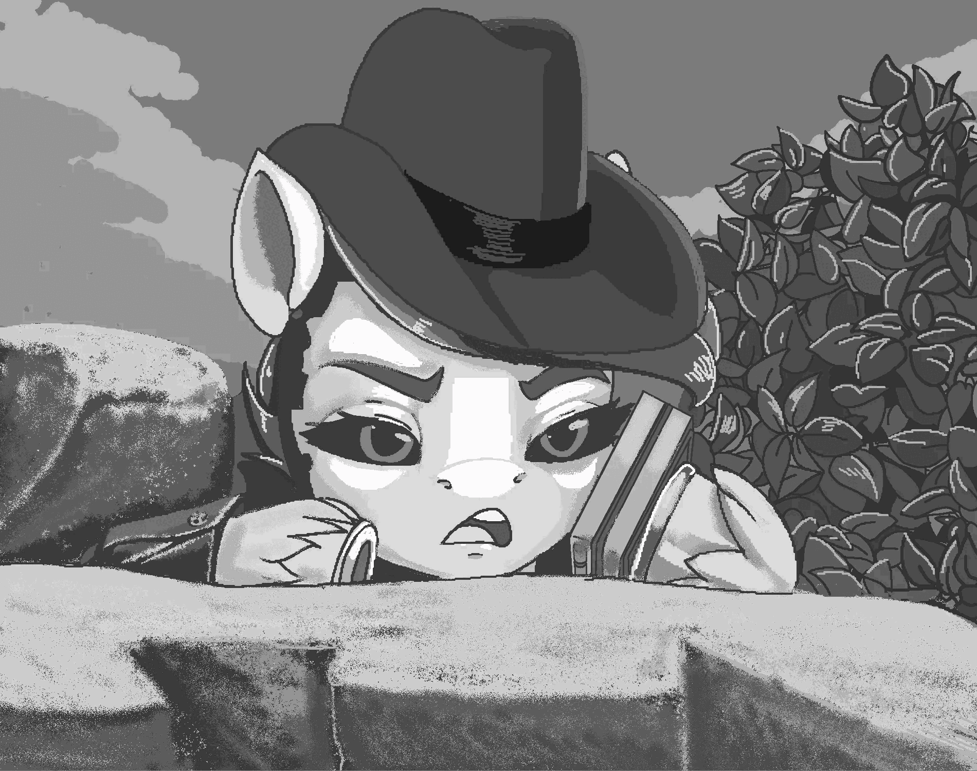 Size: 1900x1500 | Tagged: artist needed, safe, manebooru original, character:zipp storm, species:pegasus, species:pony, g5, animated, bush, clothing, crossover, fallout, fallout 4, gif, hat, manechat challenge, monochrome, nick valentine, phone, rock, solo, video game