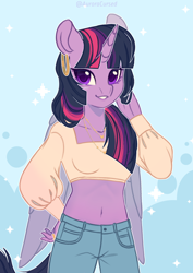 Size: 2480x3508 | Tagged: safe, artist:auroracursed, character:twilight sparkle, character:twilight sparkle (alicorn), species:alicorn, species:anthro, species:pony, g4, abstract background, belly button, blue background, clothing, colored pupils, cute, dress, ear piercing, earring, female, jeans, jewelry, looking at you, mare, midriff, necklace, pants, piercing, ring, shirt, simple background, smiling, solo, wings