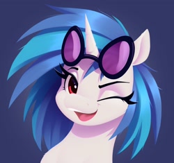 Size: 3198x3011 | Tagged: safe, artist:aquaticvibes, character:dj pon-3, character:vinyl scratch, species:pony, species:unicorn, g4, bust, eyebrows, eyelashes, female, gray background, horn, lineless, mare, open mouth, portrait, simple background, solo, vinyl's glasses, winking at you
