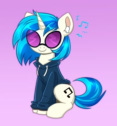 Size: 2204x2368 | Tagged: safe, artist:confetticakez, character:dj pon-3, character:vinyl scratch, species:pony, species:unicorn, g4, airpods, clothing, cutie mark, female, gradient background, headphones, hoodie, mare, music notes, purple background, simple background, smiling, solo, tail, vinyl's glasses