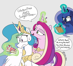 Size: 2979x2706 | Tagged: safe, artist:icey, character:princess cadance, character:princess celestia, character:princess luna, character:queen chrysalis, species:alicorn, species:changeling, species:pony, g4, cake, cakelestia, clipboard, crown, dialogue, eyebrows, eyebrows visible through hair, fake cadance, female, food, glasses, glowing horn, horn, jewelry, magic, magic aura, mare, necklace, open mouth, peytral, pure unfiltered evil, regalia, signature, speech bubble, telekinesis, text, three quarter view, tongue out, wings