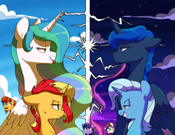 Size: 4093x3163 | Tagged: safe, artist:chub-wub, character:moondancer, character:princess celestia, character:princess luna, character:sunburst, character:sunset shimmer, character:trixie, character:twilight sparkle, character:twilight sparkle (alicorn), species:alicorn, species:pony, species:unicorn, g4, my little pony:equestria girls, :p, blep, clothing, cloud, eyebrows, eyebrows visible through hair, female, floppy ears, glasses, grin, looking at each other, looking at someone, luna is not amused, male, mare, night, profile, rivalry, royal sisters, siblings, sisters, sky, smiling, smirk, stallion, sweat, sweater, tongue out, unamused, wings