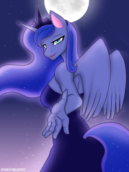 Size: 1440x1920 | Tagged: safe, artist:sforcetheartist, derpibooru original, character:princess luna, species:alicorn, species:anthro, species:pony, g4, black dress, clothing, crown, dress, ethereal mane, female, full moon, galaxy mane, horn, jewelry, looking at you, looking back, looking back at you, mare, moon, night, night sky, open mouth, reaching, rear view, regalia, shoulderless, sky, smiling, solo, stars, tail, wings