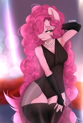 Size: 1382x2048 | Tagged: safe, artist:siriprim111, character:pinkie pie, species:anthro, species:earth pony, species:pony, g4, black dress, clothing, colored eyebrows, dress, explicit source, eyelashes, female, gloves, jewelry, large voluminous hair, lidded eyes, little black dress, long gloves, looking at you, mare, necklace, pearl necklace, recursive fanart, see-through, socks, solo, stockings, thigh highs