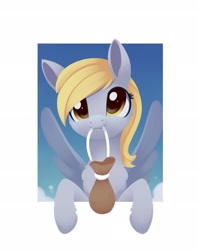 Size: 1778x2247 | Tagged: safe, artist:dusthiel, character:derpy hooves, species:pegasus, species:pony, newbie artist training grounds, g4, bag, cute, derpabetes, female, fourth wall, holding, looking at you, mare, mouth hold, natg 2022, smiling, solo, spread wings, wings