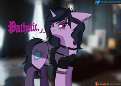 Size: 1464x1040 | Tagged: safe, alternate version, artist:syntiset, character:izzy moonbow, species:pony, species:unicorn, g5, my little pony: a new generation, alternate hair color, alternate hairstyle, bedroom eyes, belt, black lipstick, black mane, black tail, bondage, boosty, boosty link, boosty logo, chains, choker, clothing, collar, cutie mark, dock, dress, ear piercing, earring, eyebrows, eyebrows visible through hair, eyeshadow, female, fishnet clothing, glowing, glowing eyes, goth, goth izzy, goth pony, gothic, gradient mane, grey hair, horn, indoors, jewelry, lipstick, looking at you, makeup, mare, meta, multicolored hair, multiple variants, necklace, panties, pantyhose, piercing, socks, solo, tail, text, thigh highs, torn clothes, twitter, twitter link, underwear, vulgar