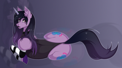 Size: 3000x1690 | Tagged: safe, artist:shchavel, character:izzy moonbow, species:pony, species:unicorn, g5, my little pony: a new generation, both cutie marks, butt, clothing, cutie mark, ear fluff, fanart, female, goth, goth izzy, goth pony, gradient mane, horn, leotard, lipstick, lying down, makeup, multicolored hair, my little pony, solo, thong leotard
